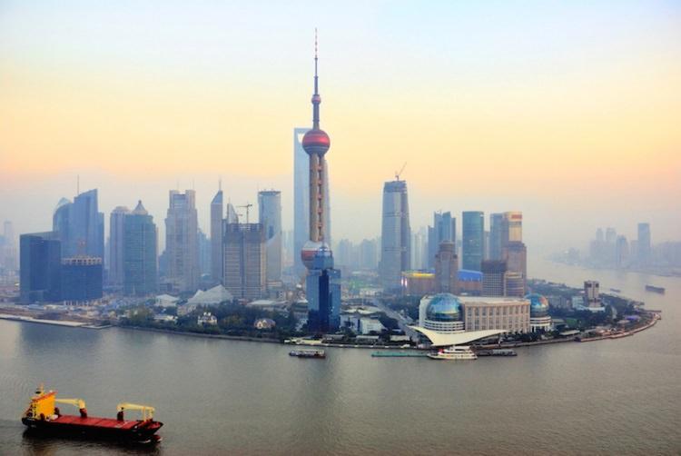 China Shanghai Pudong skyline at sunset.