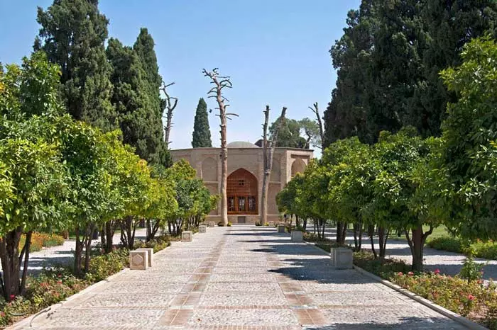 درخت های سرو و منظره آفتابی باغ جهان نمای شیراز