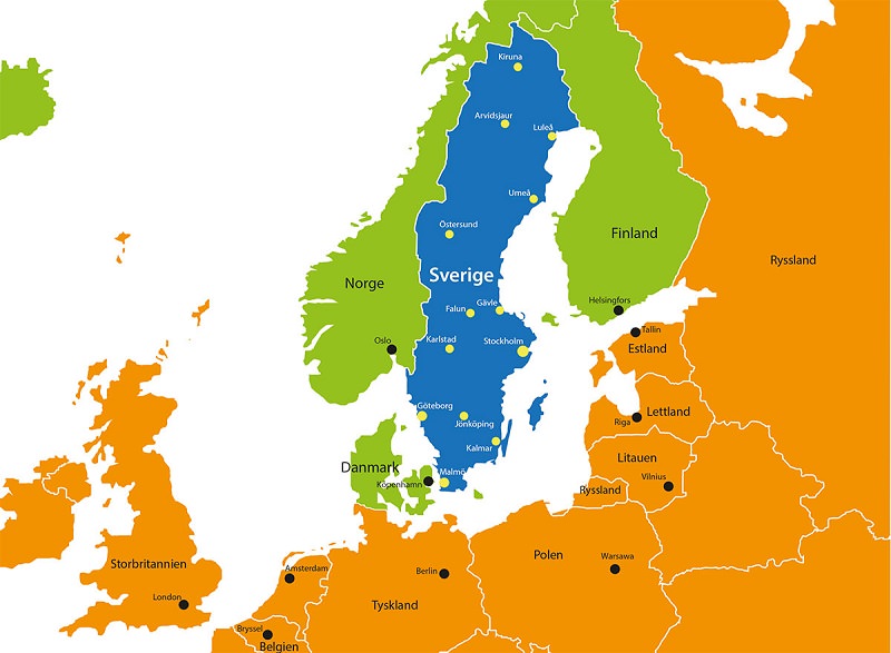 Карта скандинавских стран со столицами