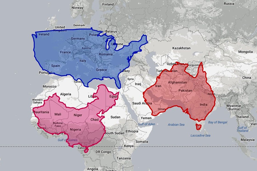 وسعت کشورها متفاوت از آن چیزی است که در نقشه می بینید