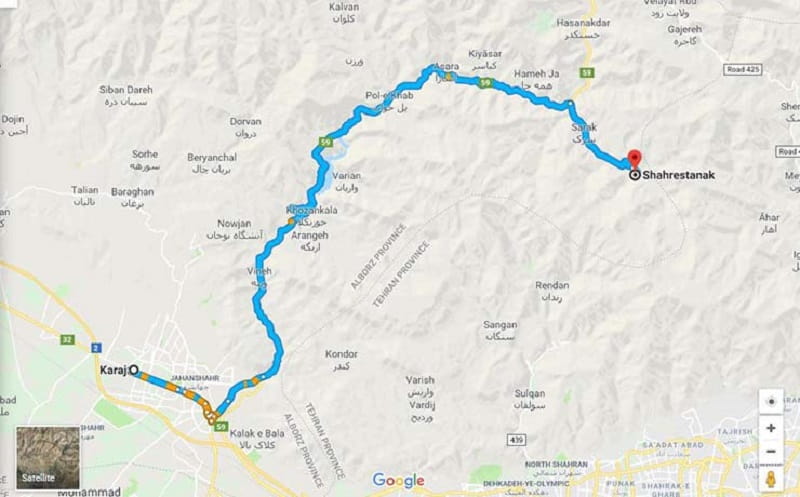 مسیر تهران تا شهرستانک از طریق جاده کرج-چالوس