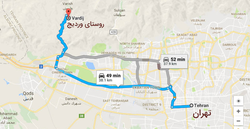 محل قرار گرفتن روستای وردیج روی نقشه تهران