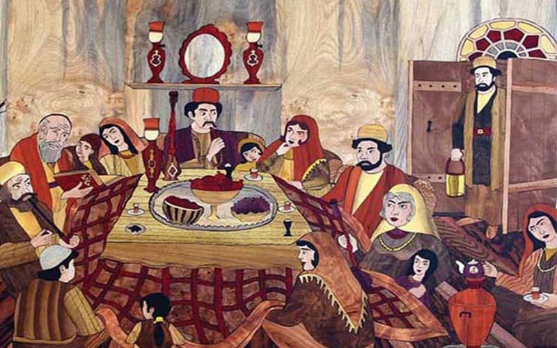 نقاشی از شب یلدا با موضوع دورهمی خانواده دور کرسی