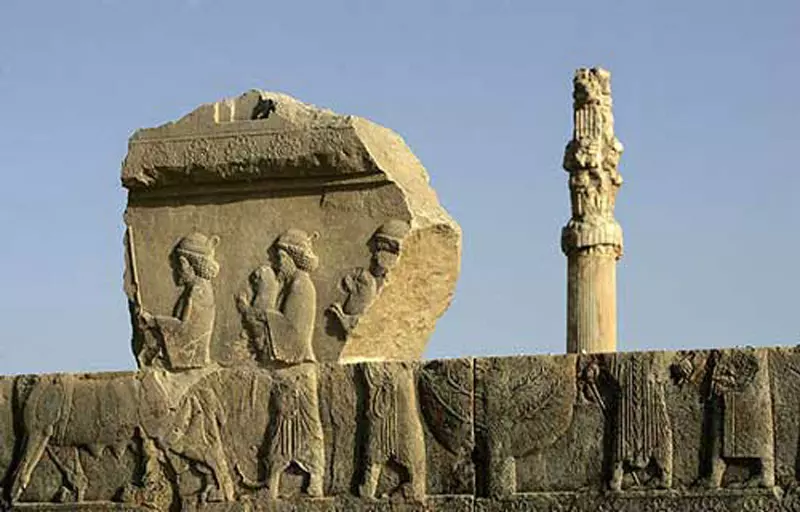 ستون و نقش برجسته تخت جمشید از نمای دور