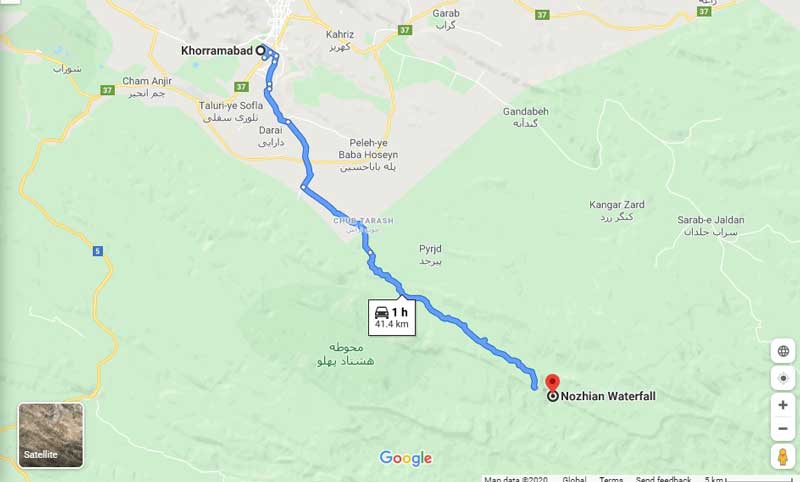 فاصله آبشار نوژیان تا خرم آباد روی نقشه گوگل مپ