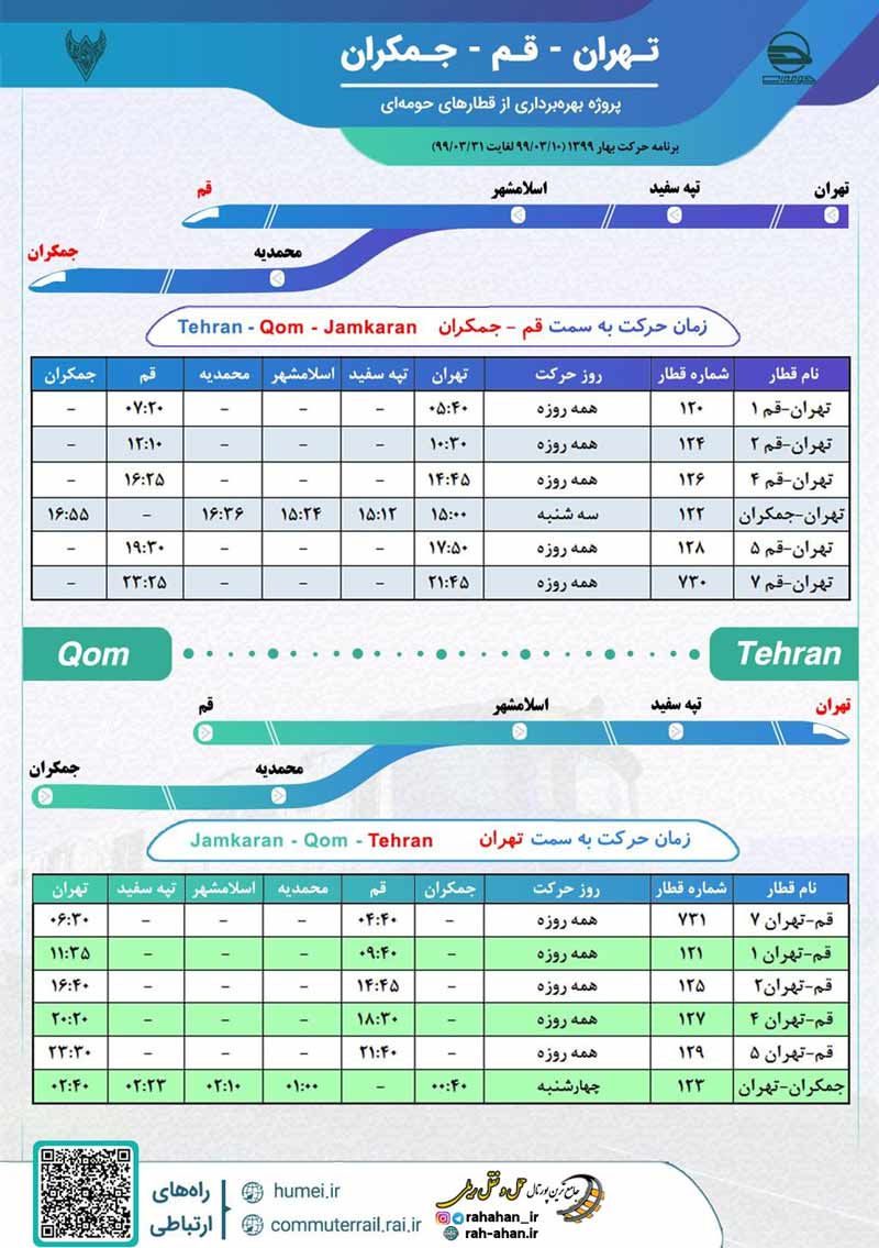 جدول زمان‌بندی قطارهای حومه‌ای تهران قم