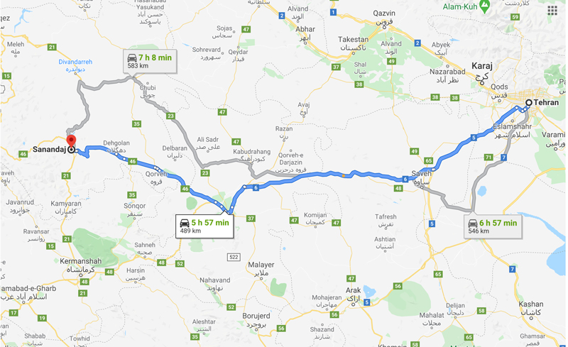 مسیر تهران سنندج روی نقشه