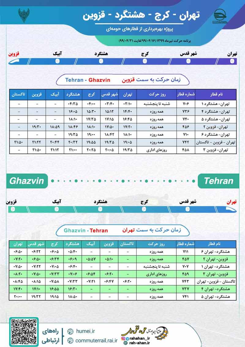 جدول زمان‌بندی قطار حومه‌ای تهران هشتگرد قزوین