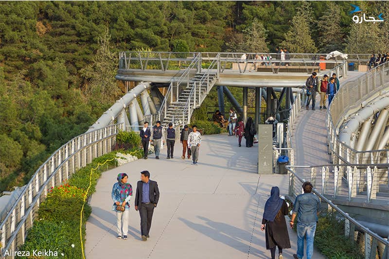 پل طبیعت که به طبقه بالایی پله خورده و فضای سبزی در کناره ها دارد