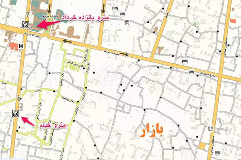 نقشه بازار تهران و محل مترو