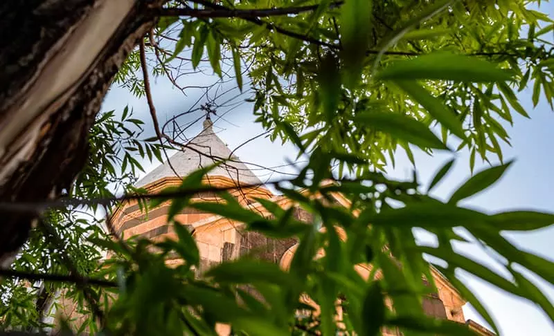 View of the small dome of the church through the trees 