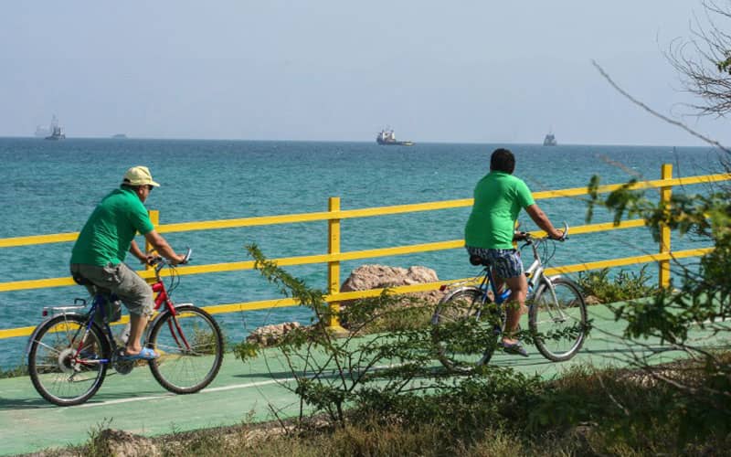 دو دوچرخه سوار در حال عبور از کنار دریا