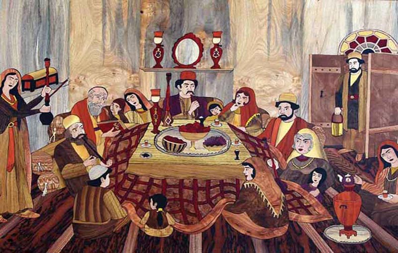 An old painting from the Yalda night of an Iranian family