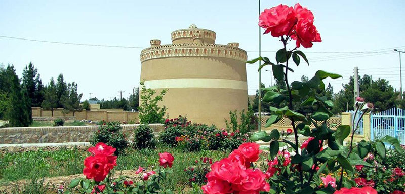 برج کبوترخانه مهریز در میان گل های صورتی از نمای دور