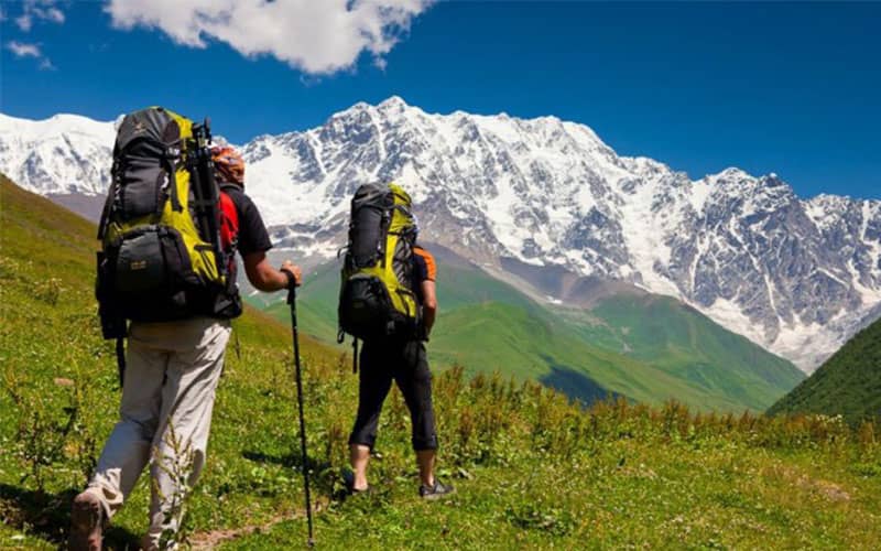 دو کوهنورد در ارتفاعات سرسبز