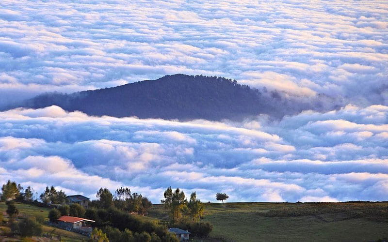 تپه های سرسبز روستای فیلبند میان اقیانوس ابر