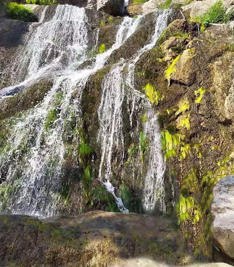 آبشار تالون از نمای پایین میان سنگ های خزه ای