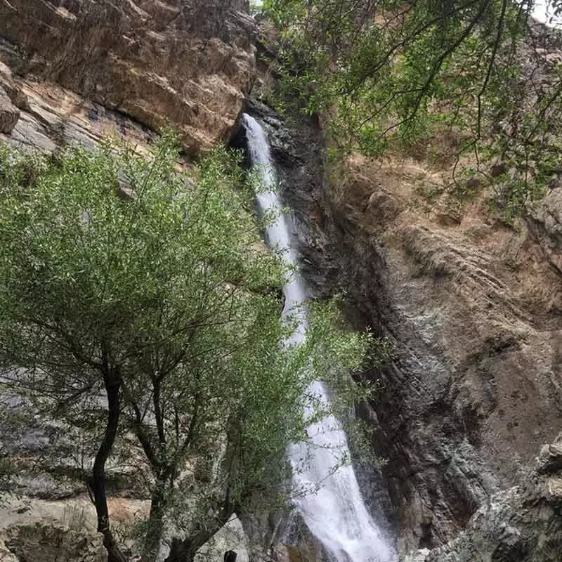 آبشار رندان در دامنه کوه و کنار درخت