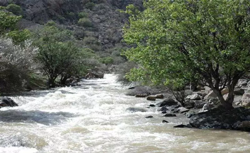رودخانه پارک ملی بختگان در جوار درختان سبز و کوه