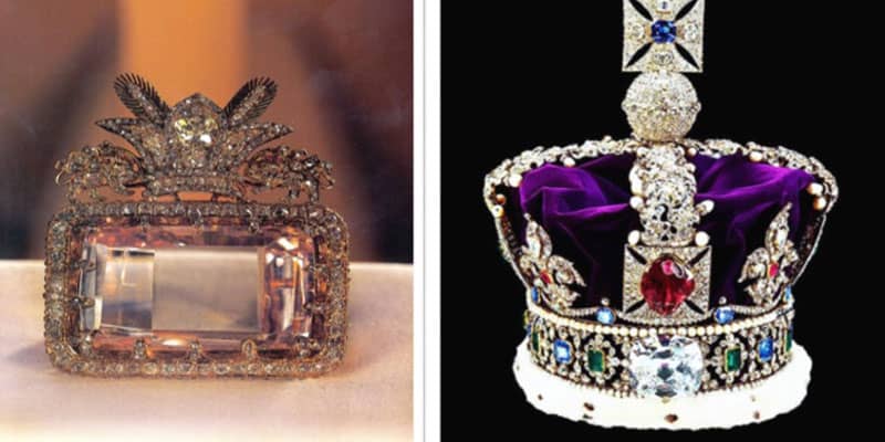 تاج ملکه باجواهرات بی رنگ و قرمز و انگشتری با الماس صورتی