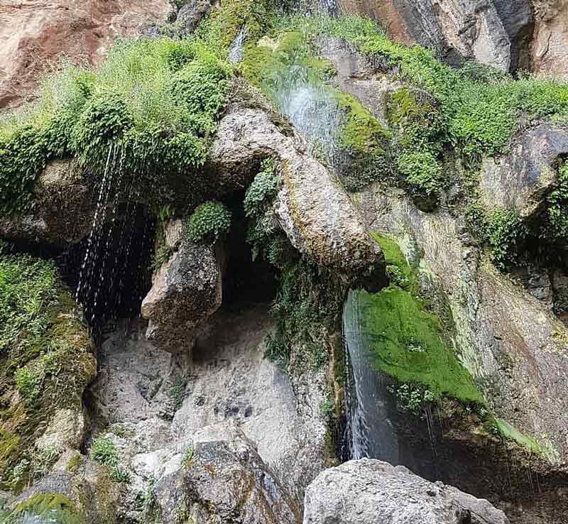 آبشار شاه لولاک میان تخته سنگ های خزه گرفته