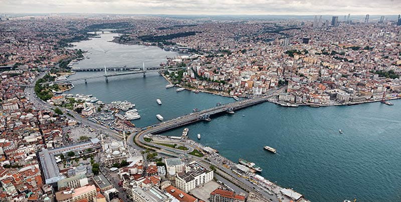 خلیج گلدن هورن و پل گالاتا استانبول از نمای بالا 