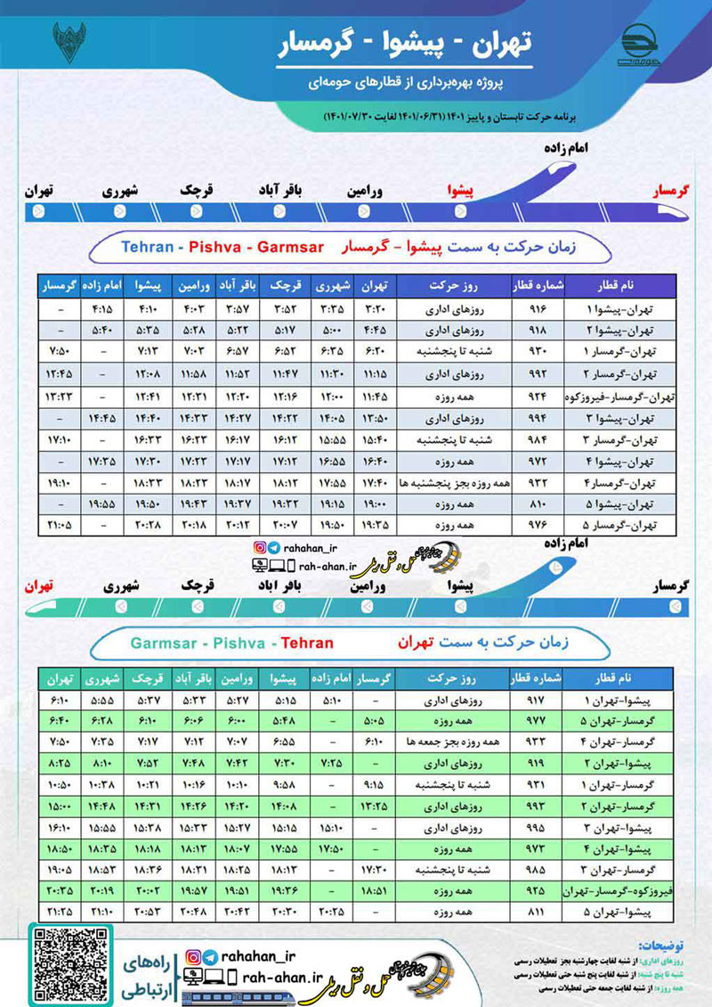 برنامه حرکت قطارهای حومه ای تهران-پیشوا-گرمسار