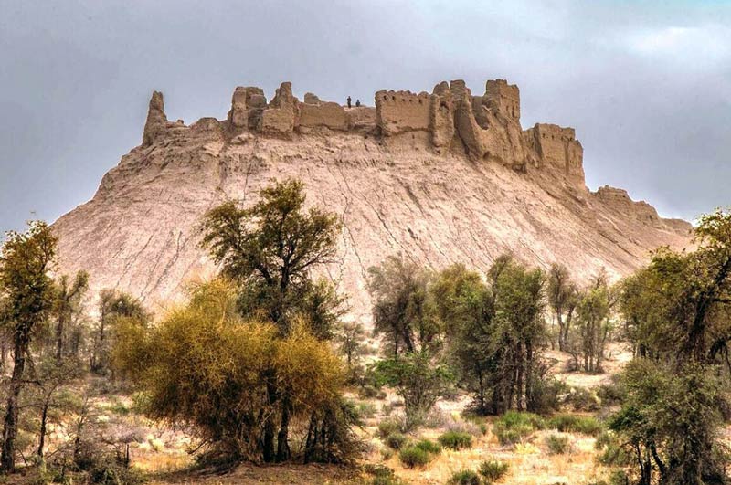 بقایای قلعه بمپور سیستان روی تپه از نمای دور مقابل درختان