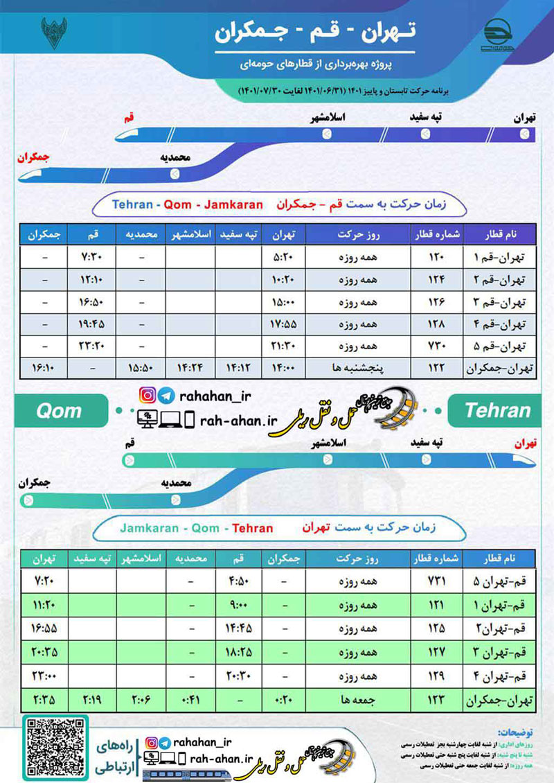 برنامه حرکت قطارهای حومه ای تهران-قم