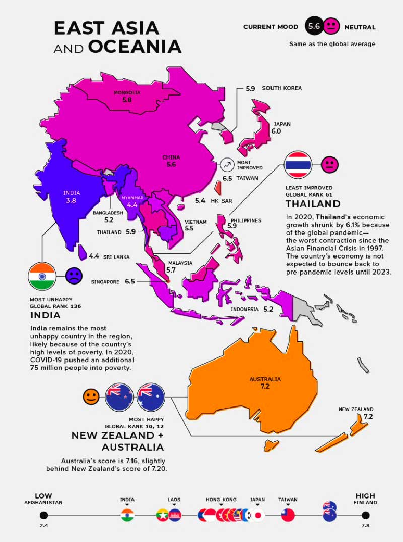 شادترین کشورهای آسیای شرقی و اقیانوسیه روی نقشه