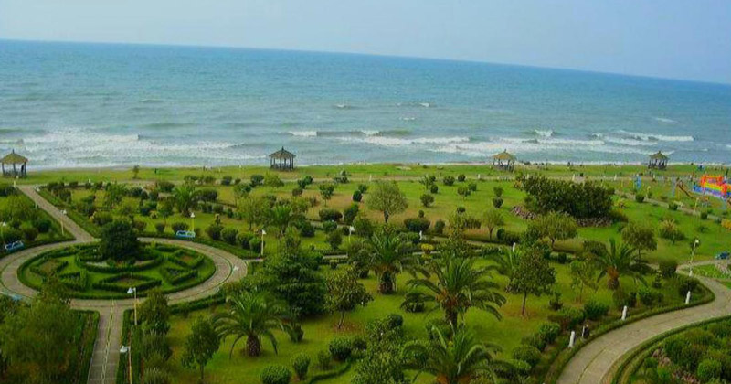 پارک ساحلی ملت محمود آباد با درختان کاج و فضای سبز از نمای بالا