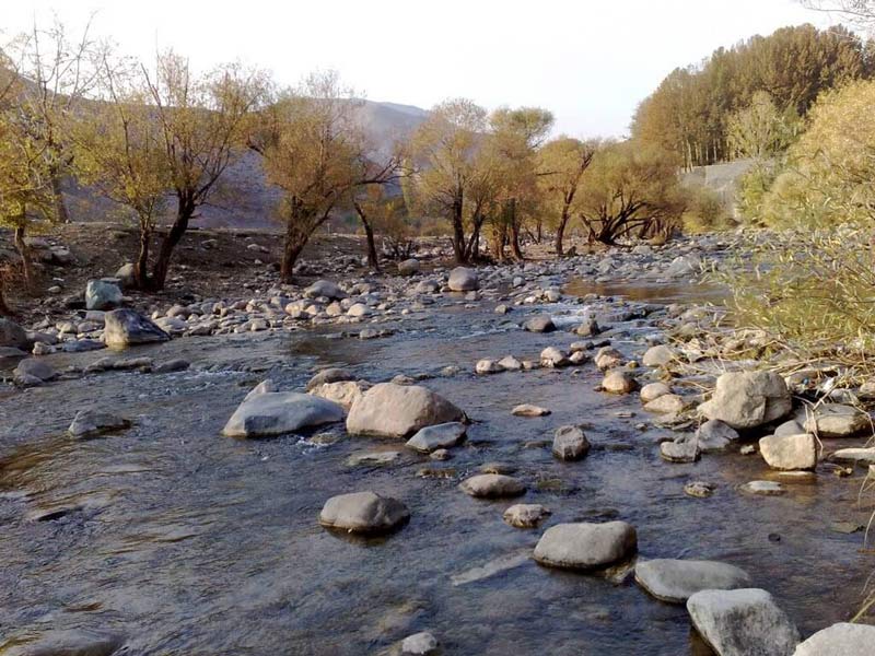 رودخانه جاجرود در جوار درختان و سنگ های بزرگ در مسیر آن