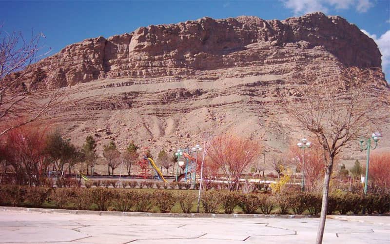 محوطه ای با چندین درخت در مقابل تپه ای تاریخی