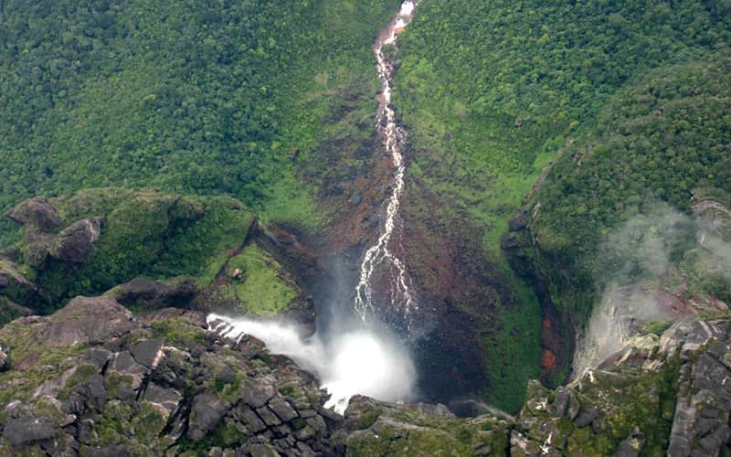 جریان آبشار از صخره ای بلند در منطقه ای جنگلی