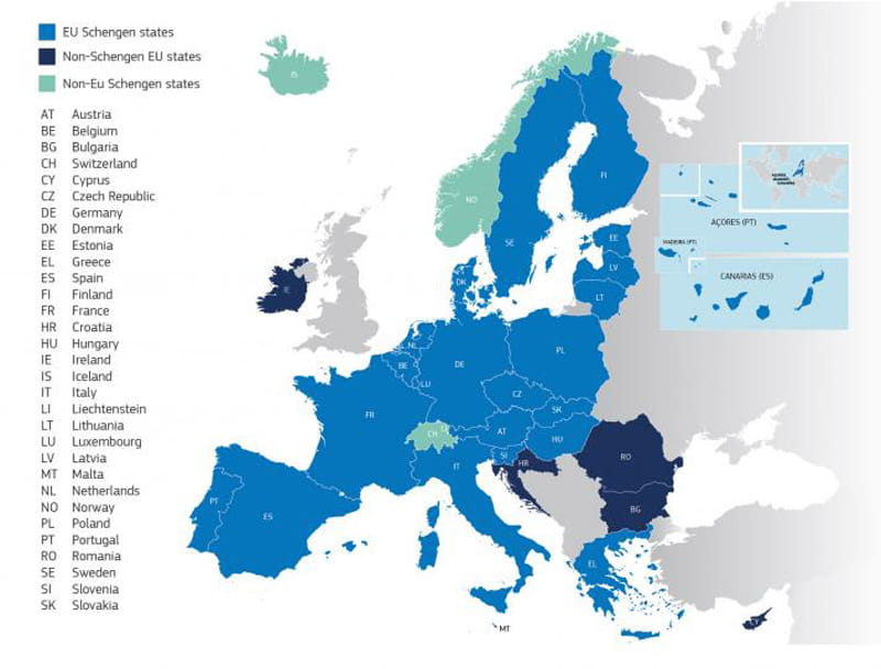 نقشه کشورهای عضو اتحادیه اروپا و حوزه شینگن