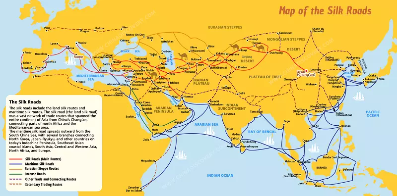 نقشه جاده ابریشم دریایی و زمینی؛ منبع: chinadiscovery.com
