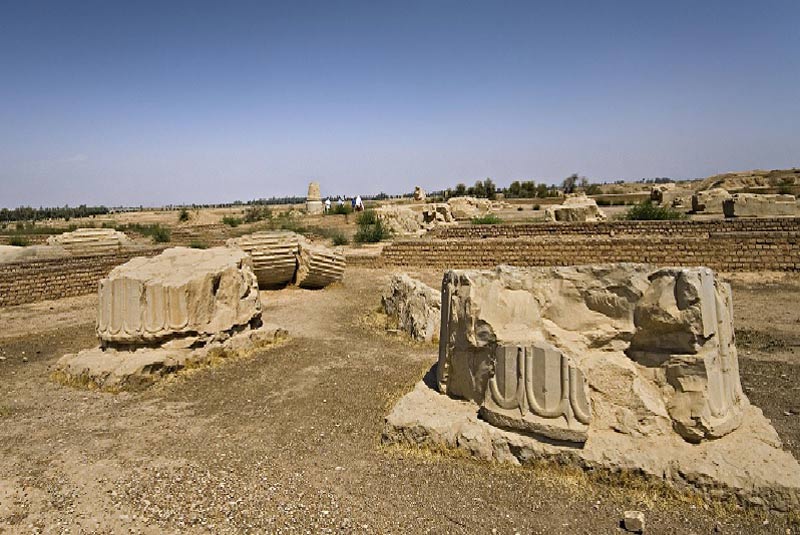 بقایای ستون ها و دیوارهای سنگی کاخ آپادانا در محوطه باستانی شوش
