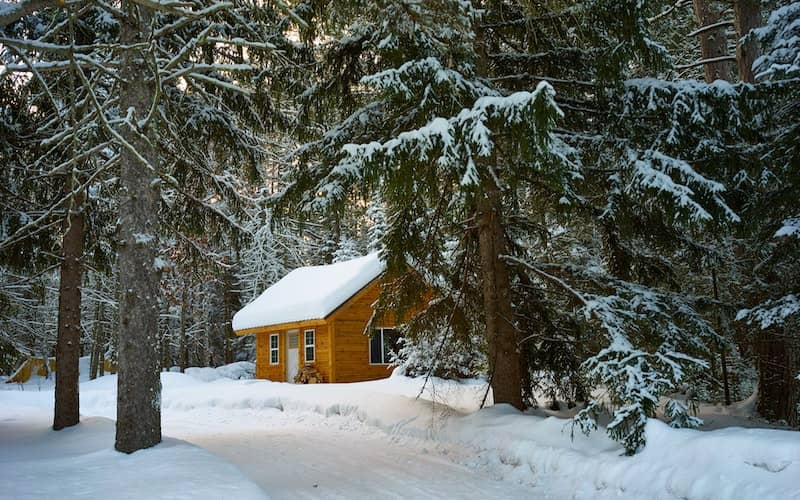 کلبه ای چوبی در میان درختان پوشیده از برف
