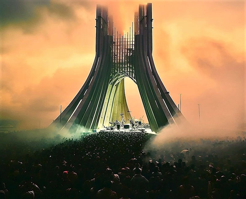 تصویرسازی هوش مصنوعی از برج آزادی به عنوان محل کنسرت