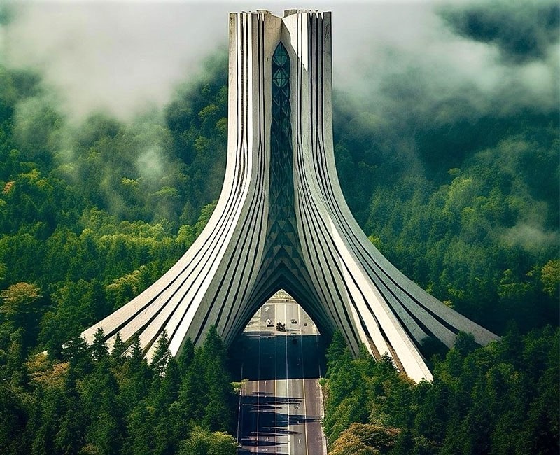 تصویرسازی برج آزادی در جنگل‌های شمال ایران