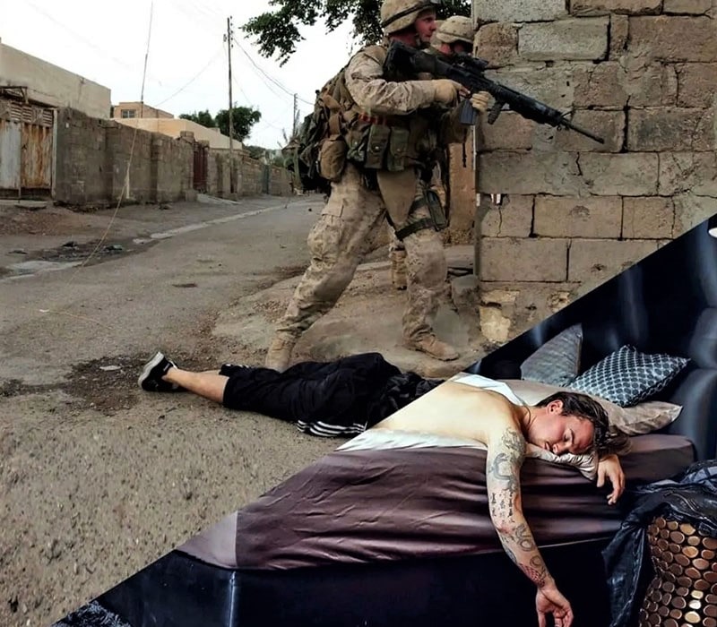 کلاژ تصویر مردی در حال استراحت با جنازه‌ای در جنگ