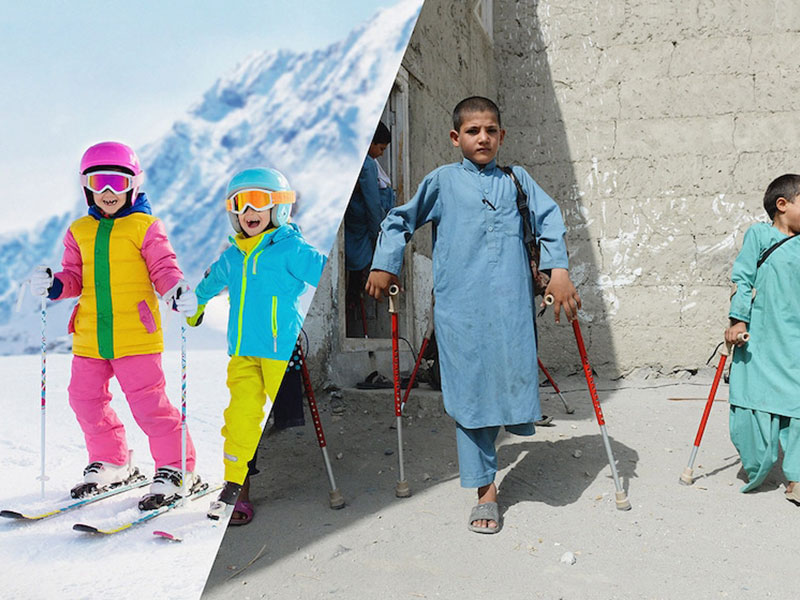 کلاژ پسر معلول افغانستانی و کودکان اروپایی در حال اسکی