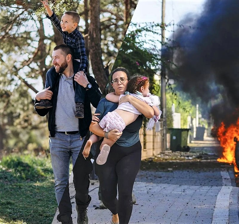 کلاژ گردش یک خانواده با تصویر فرار یک مادر از انفجار
