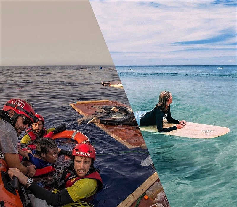 تصویر نجات مهاجر غیرقانونی از آب در کنار تصویر زن شناگر