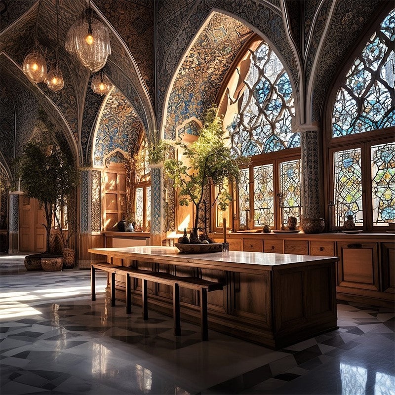 آشپزخانه عمارتی اصفهانی با شیشه‌های رنگی