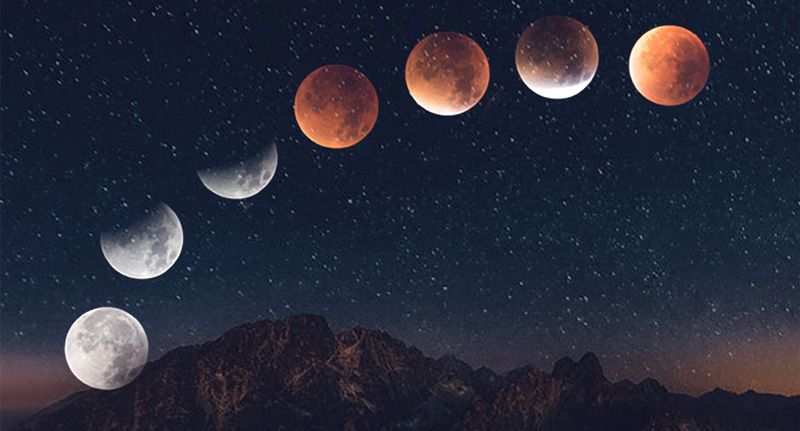 مراحل ماه گرفتگی در آسمان پرستاره در منطقه کوهستانی، منبع عکس: ناسا، عکاس نامشخص