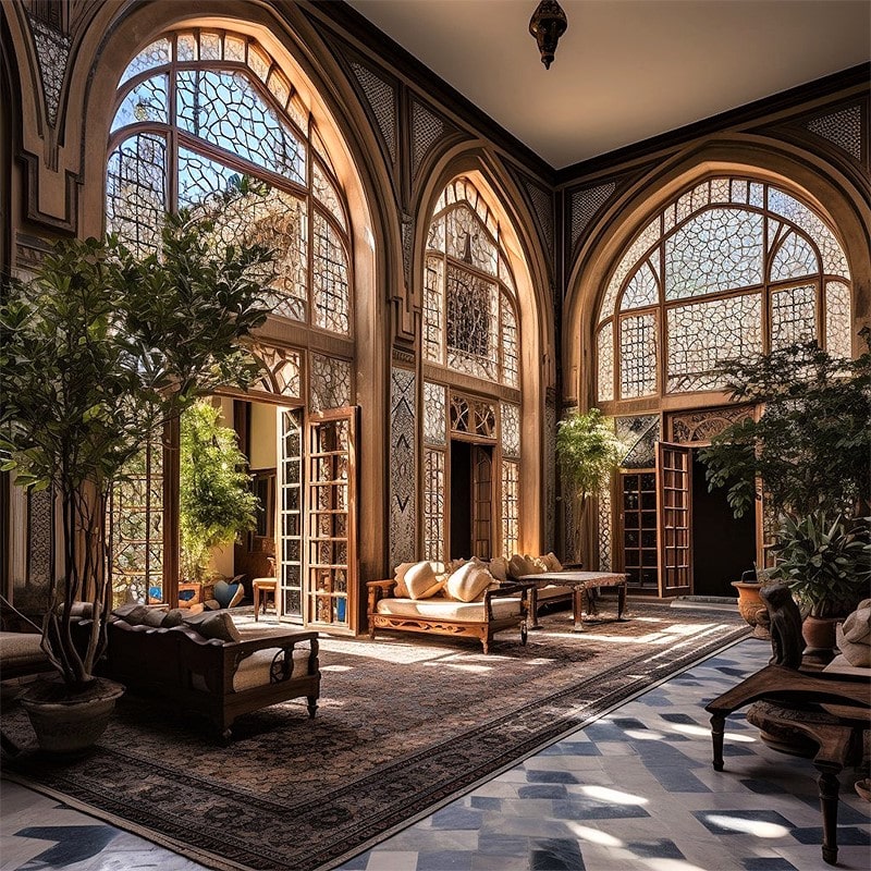 درهای طاقی شکل و پنجره‌های مشبک در خانه اصفهان