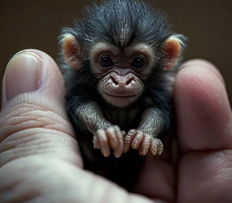 مجسمه میمون بسیار کوچک در دست انسان