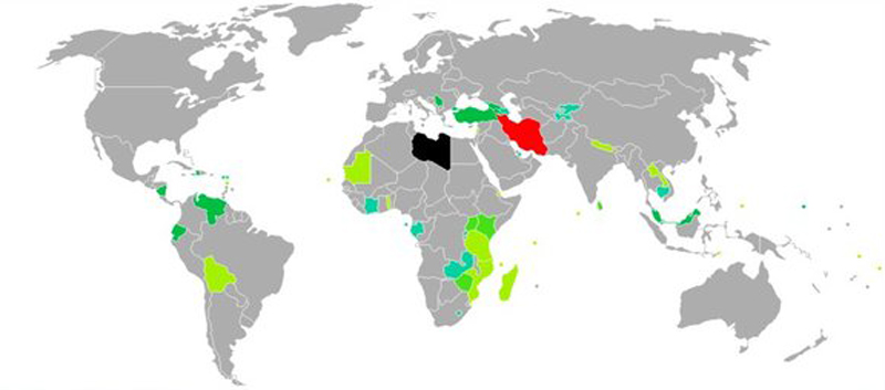 نقشه کشورهای بدون نیاز به ویزا برای ایرانیان