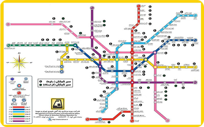 نقشه ایستگاه های دارای خط تردد مشخص برای نابینایان در مترو تهران
